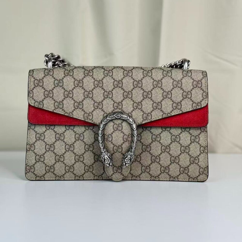 Gucci GG Logo Supreme Medium Dionysus Shoulder Bag with Red Interior